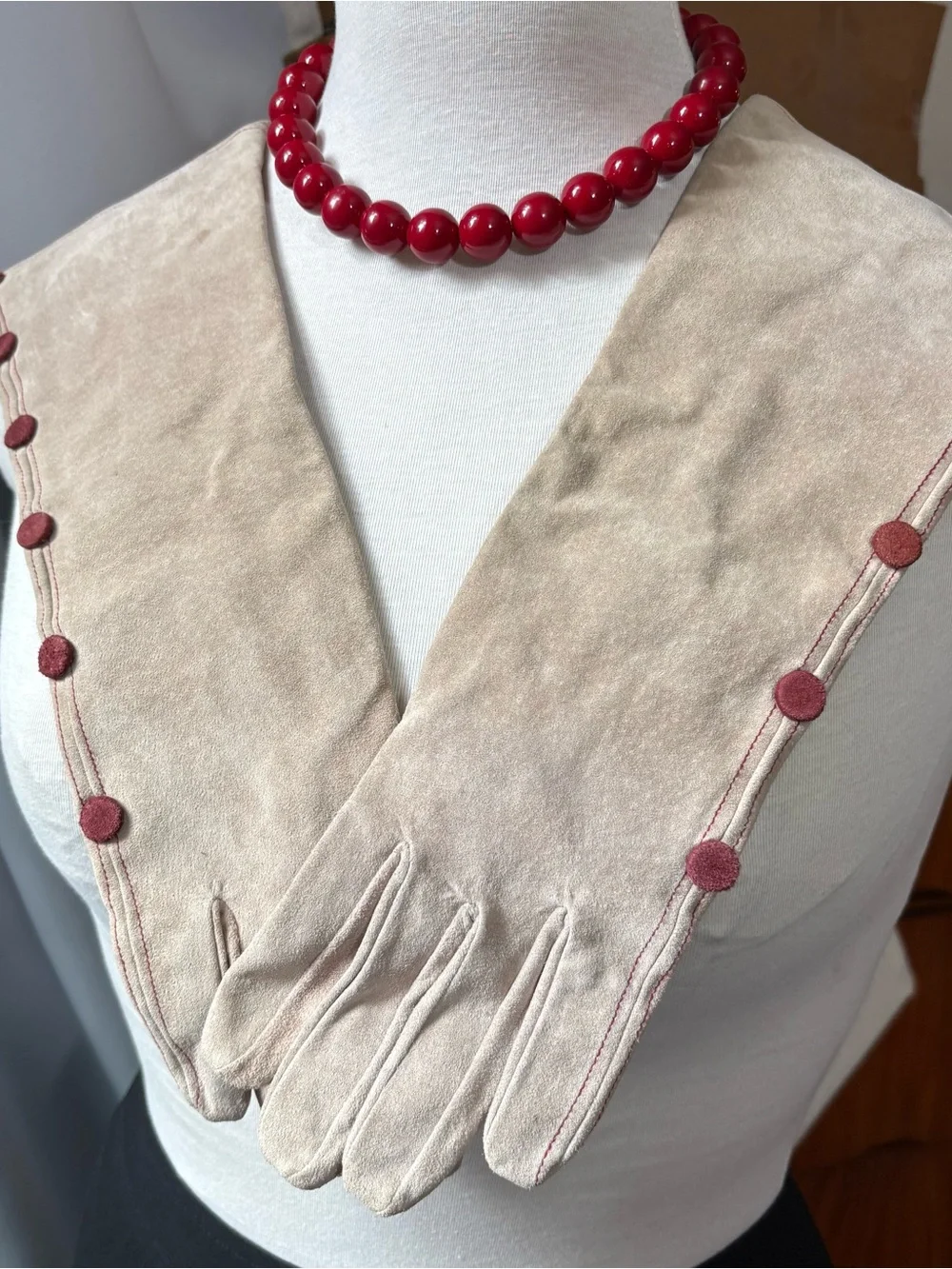 Vintage-look Long Cream Suede Gloves with Dark Red Button Detail
